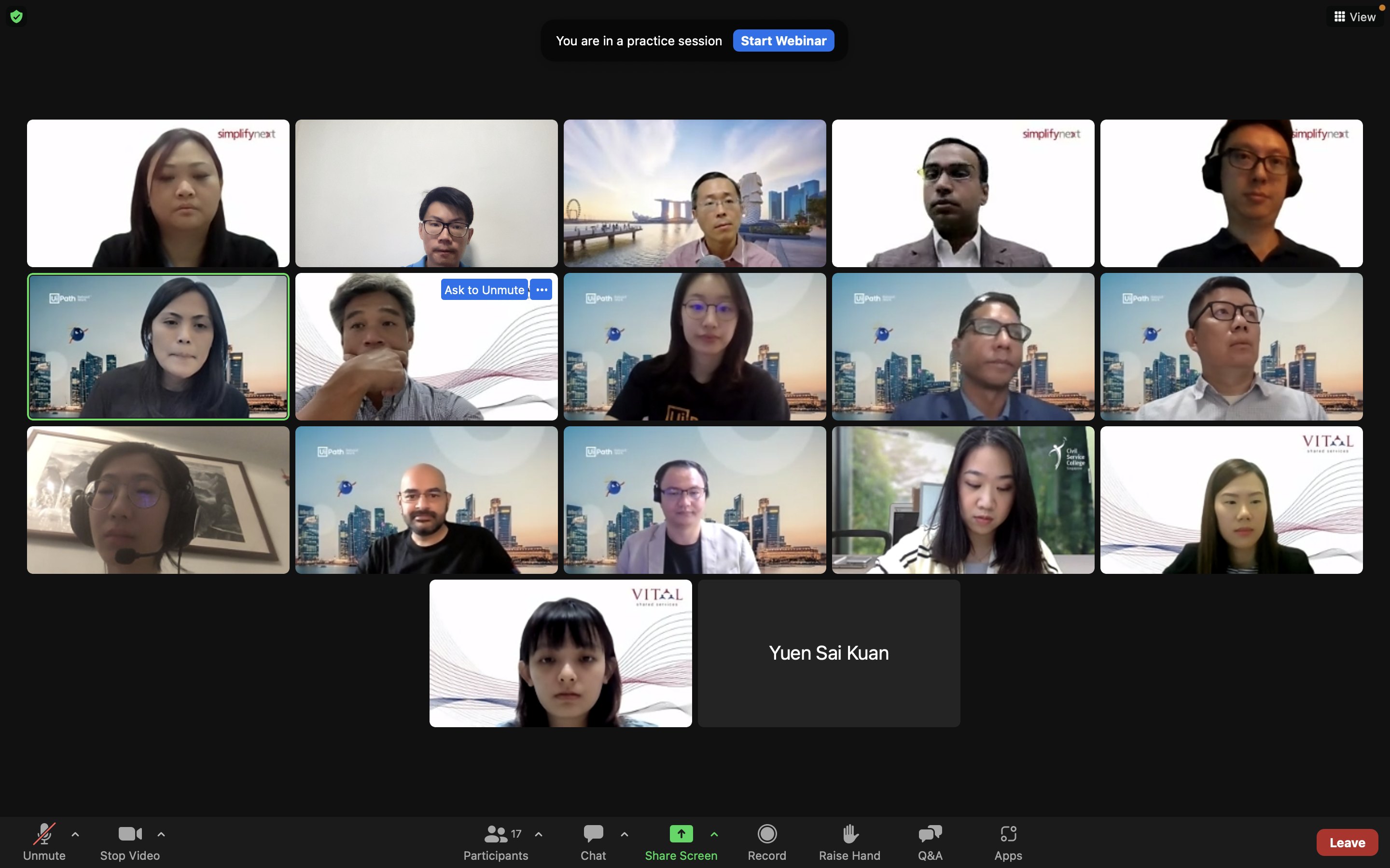 Zoom webinar practice session showing 16 participants in a grid view with controls at the bottom.